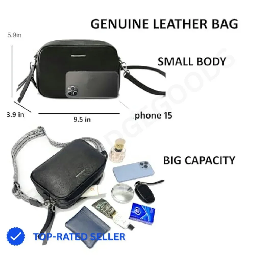 Genuine Leather Crossbody Bag Square Camera Messenger Purse Two Straps - Picture 5 of 8